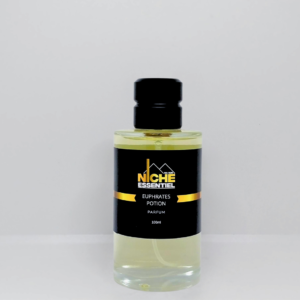 Transparent bottle of Euphrates Potion fragrance with a black label and gold accents.