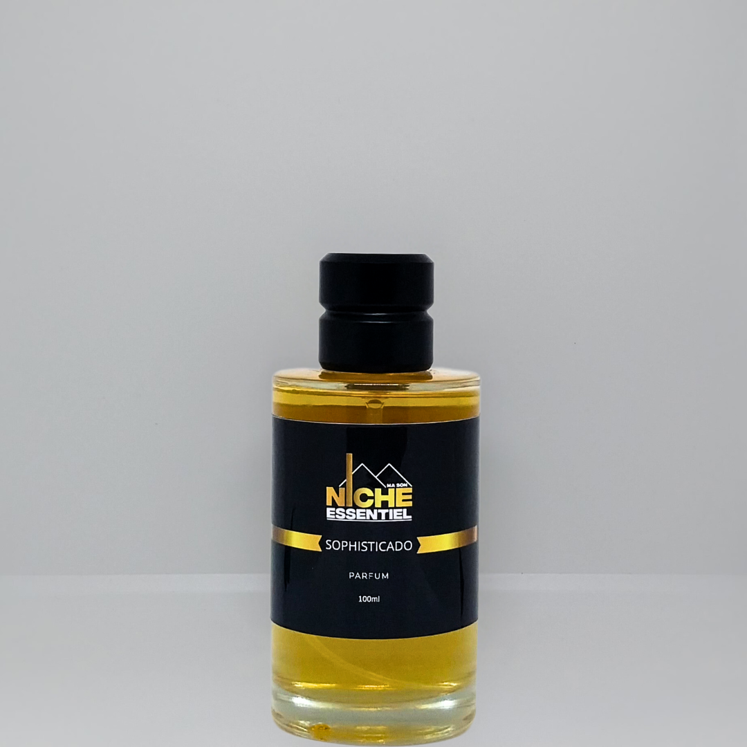 Glass perfume bottle labeled 'Niche Essentiel Sophisticado' with a black cap and yellow liquid inside.