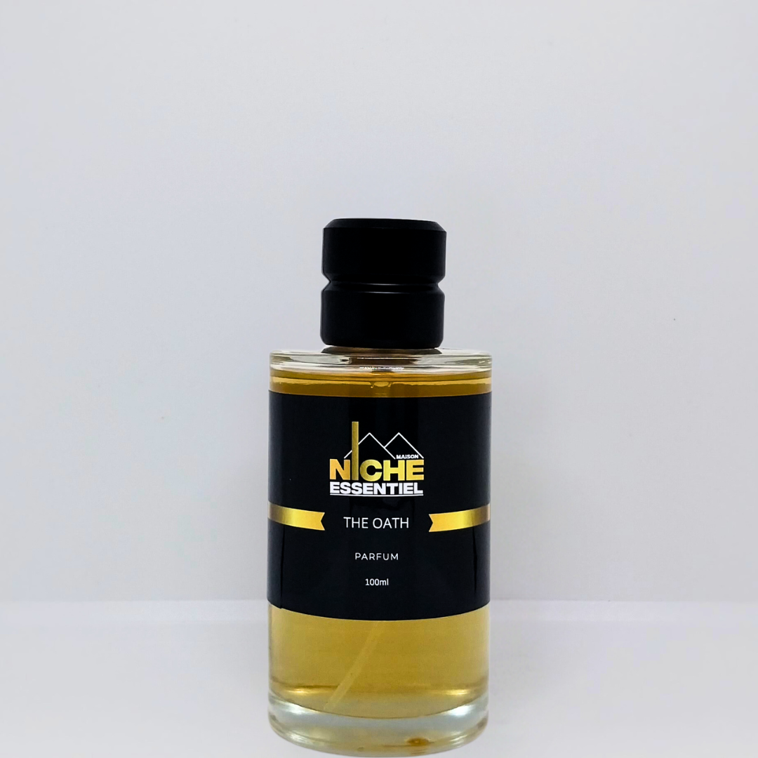 100ml bottle of The Oath perfume by Niche Essentiel with a black label.